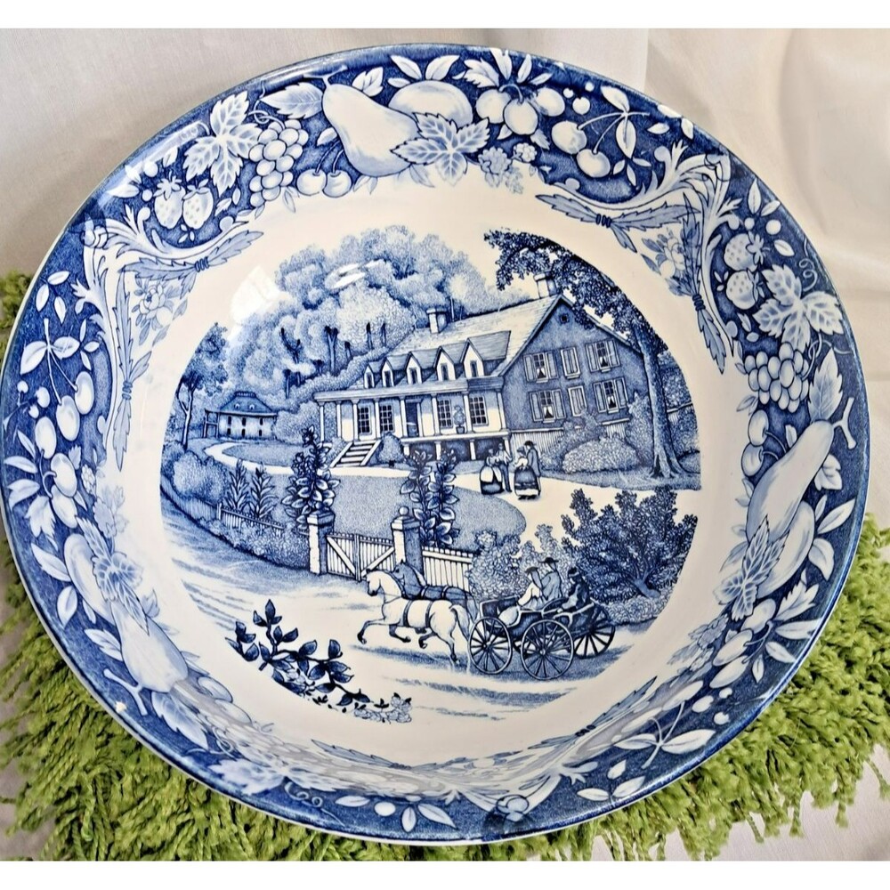 Vintage Sanyei Japan Blue White Serving Bowl Fruit Border Country Scene 10x4